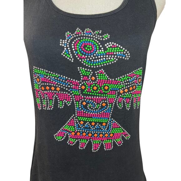 Vintage Y2K thunderbird embellished studded tank top multicolor black western - Picture 2 of 6